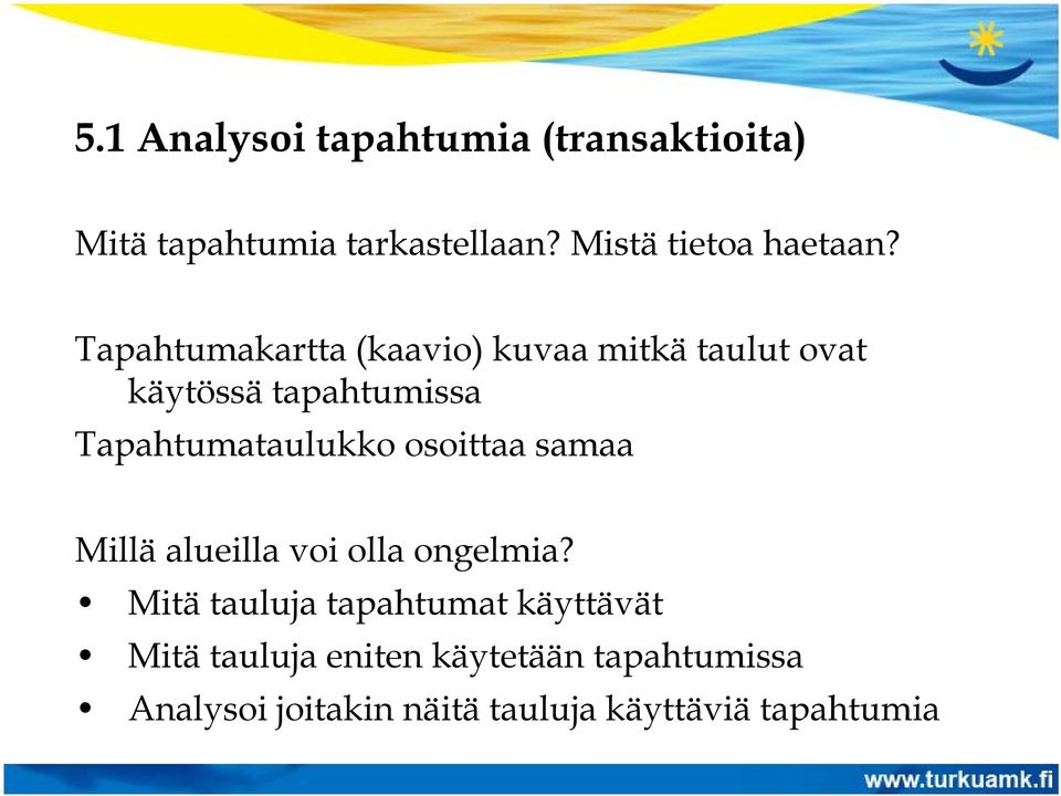 Tapahtumakartta (kaavio) kuvaa mitkä taulut ovat käytössä tapahtumissa Tapahtumataulukko