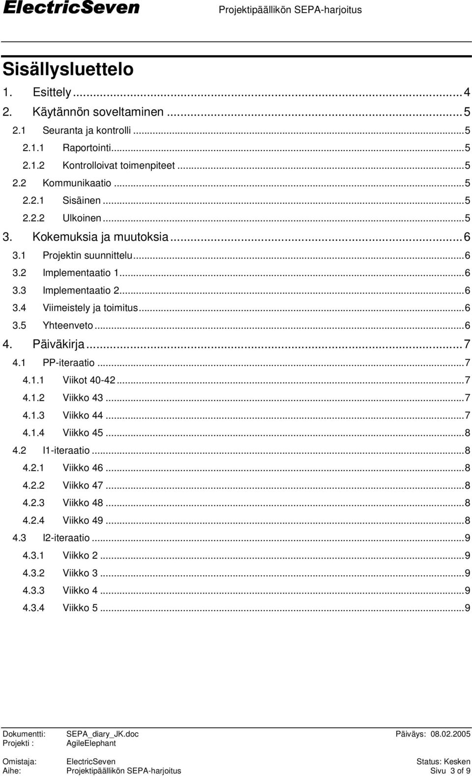 ..6 4. Päiväkirja...7 4.1 PP-iteraatio...7 4.1.1 Viikot 40-42...7 4.1.2 Viikko 43...7 4.1.3 Viikko 44...7 4.1.4 Viikko 45...8 4.2 I1-iteraatio...8 4.2.1 Viikko 46...8 4.2.2 Viikko 47.