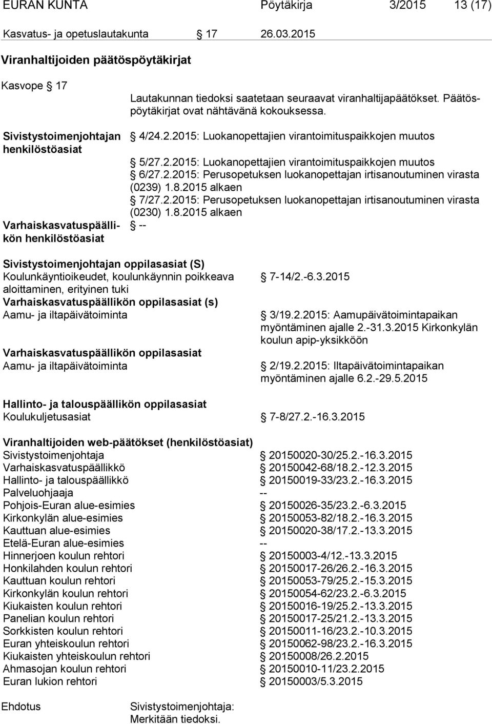 Päätöspöytäkirjat ovat nähtävänä kokouksessa. 4/24.2.2015: Luokanopettajien virantoimituspaikkojen muutos 5/27.2.2015: Luokanopettajien virantoimituspaikkojen muutos 6/27.2.2015: Perusopetuksen luokanopettajan irtisanoutuminen virasta (0239) 1.