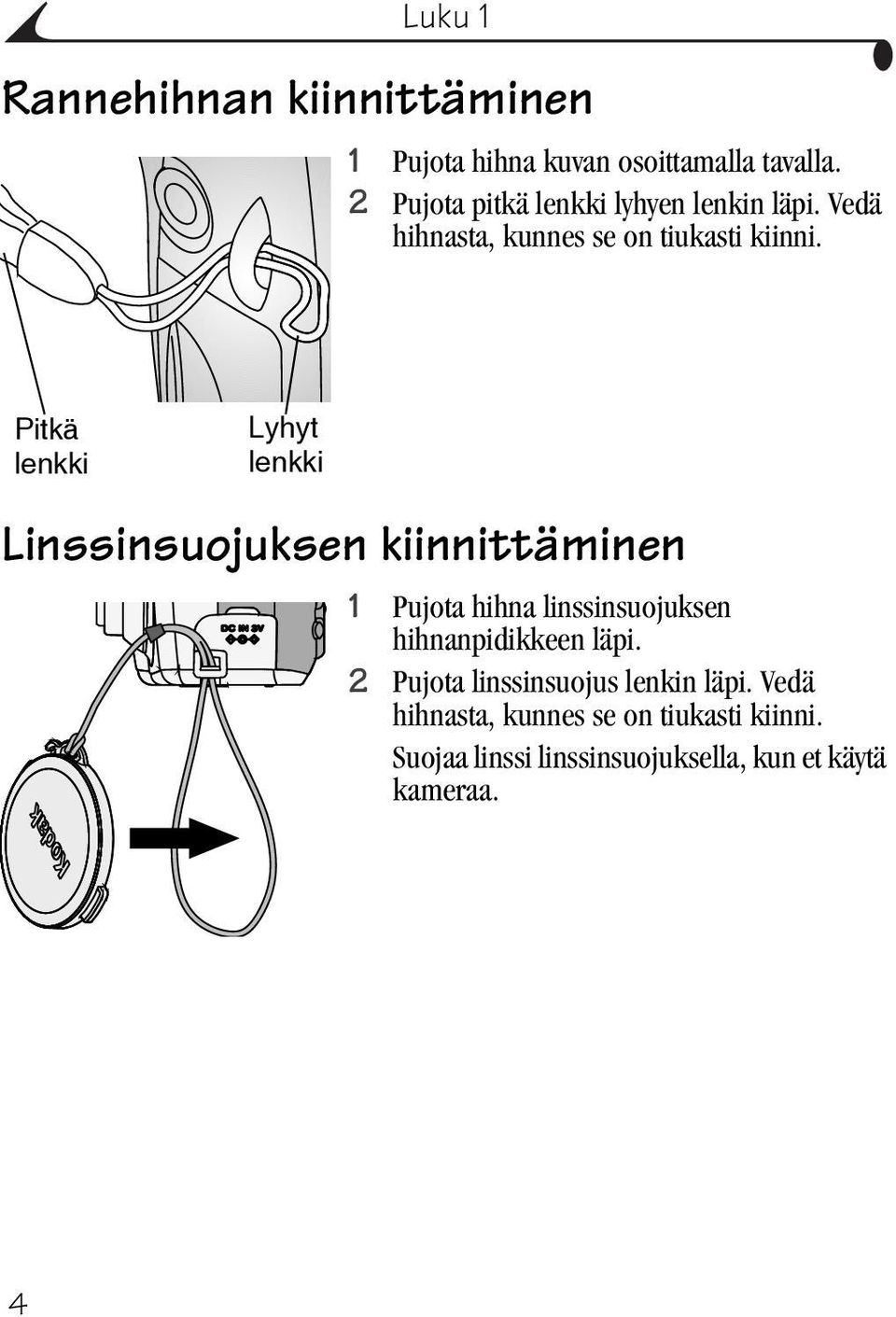 Pitkä lenkki Lyhyt lenkki Linssinsuojuksen kiinnittäminen 1 Pujota hihna linssinsuojuksen