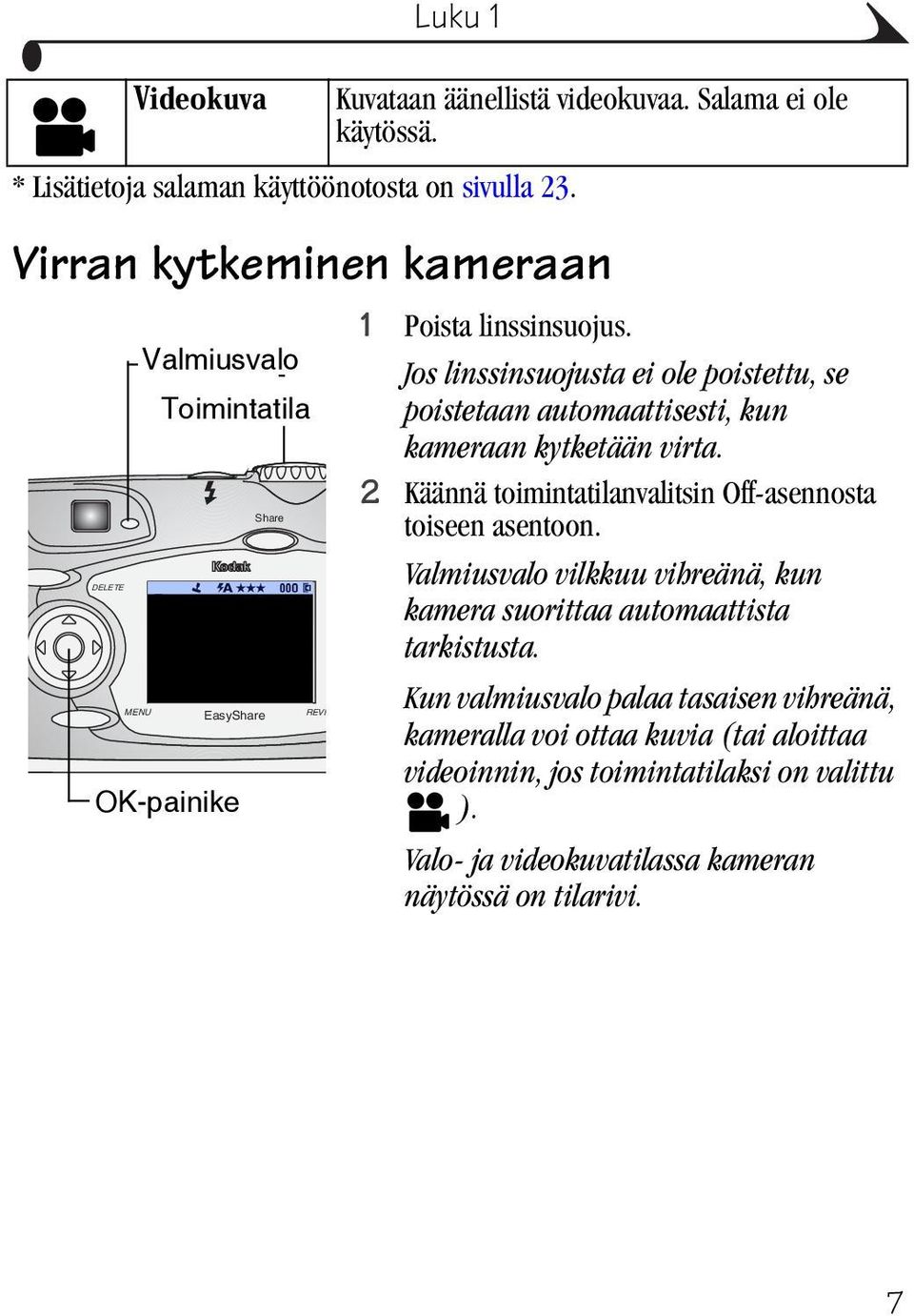 1 Poista linssinsuojus. Jos linssinsuojusta ei ole poistettu, se poistetaan automaattisesti, kun kameraan kytketään virta.