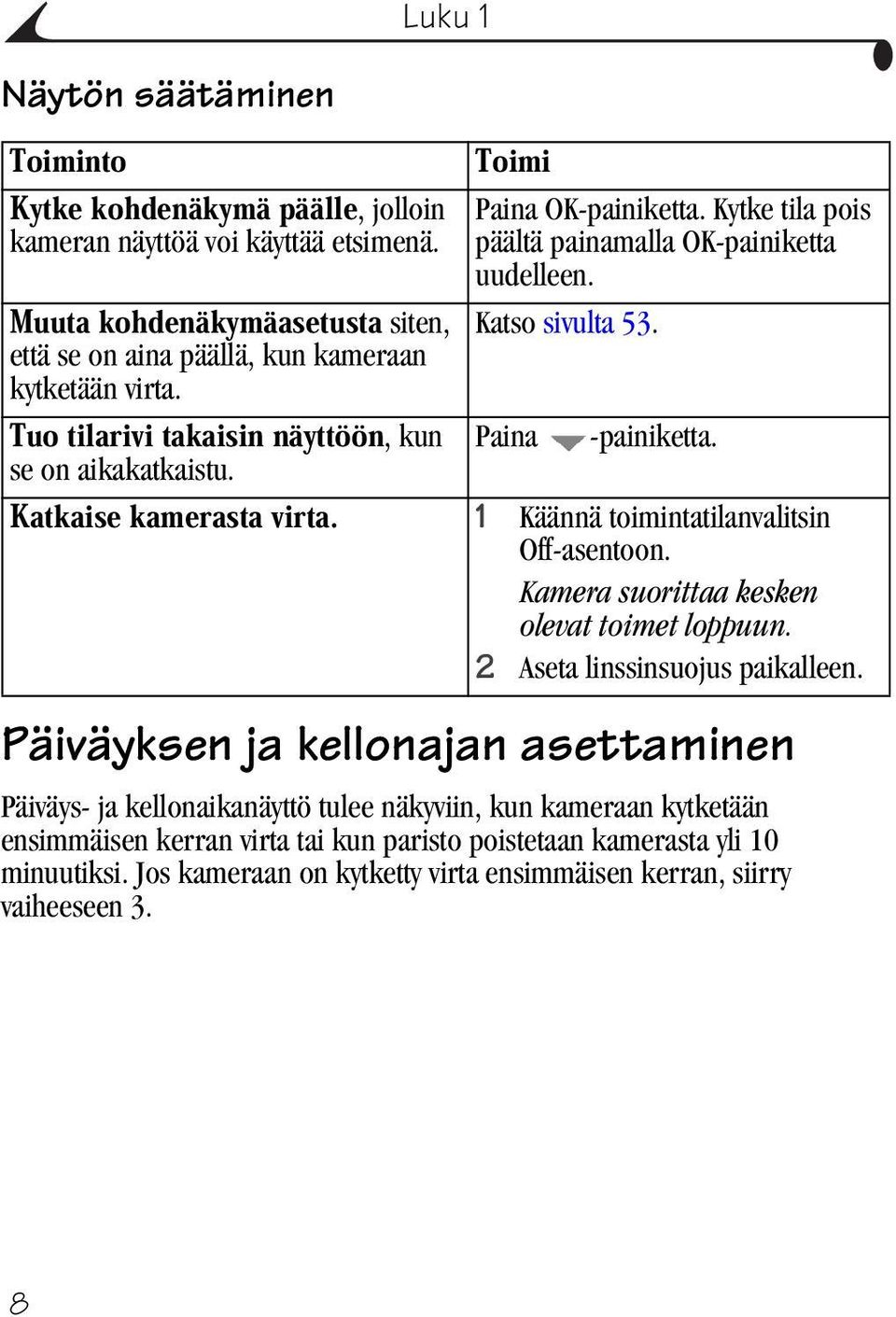 Kamera suorittaa kesken olevat toimet loppuun. 2 Aseta linssinsuojus paikalleen.