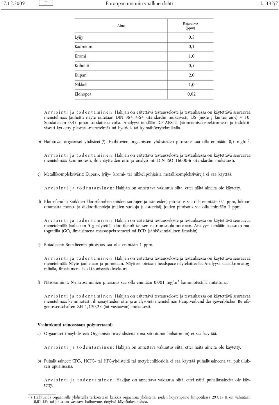 Hakijan on esitettävä testausseloste ja testauksessa on käytettävä seuraavaa menetelmää: Jauhettu näyte uutetaan DIN 38414-S4 -standardin mukaisesti, L/S (neste / kiinteä aine) = 10.