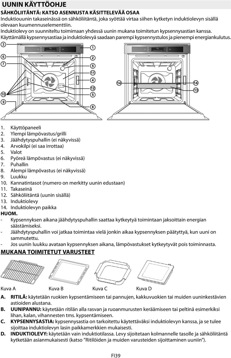 1. Käyttöpaneeli 2. Ylempi lämpövastus/grilli 3. Jäähdytyspuhallin (ei näkyvissä) 4. Arvokilpi (ei saa irrottaa) 5. Valot 6. Pyöreä lämpövastus (ei näkyvissä) 7. Puhallin 8.