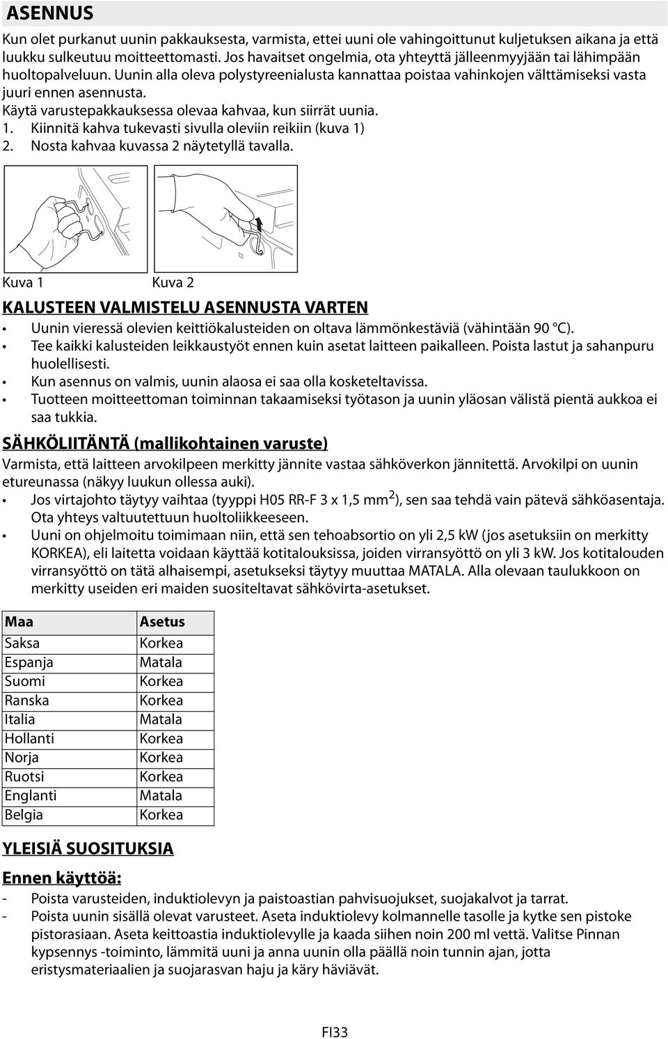 Käytä varustepakkauksessa olevaa kahvaa, kun siirrät uunia. 1. Kiinnitä kahva tukevasti sivulla oleviin reikiin (kuva 1) 2. Nosta kahvaa kuvassa 2 näytetyllä tavalla.