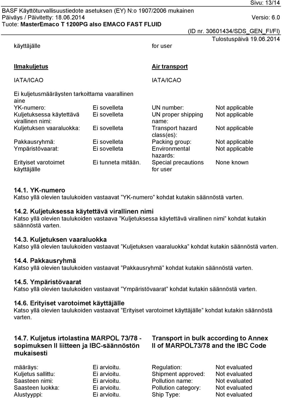 Not applicable Erityiset varotoimet käyttäjälle Ei tunneta mitään. hazards: Special precautions for user None known 14