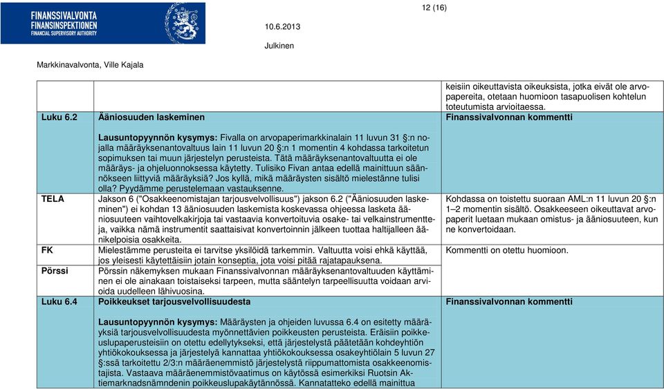 muun järjestelyn perusteista. Tätä määräyksenantovaltuutta ei ole määräys- ja ohjeluonnoksessa käytetty. Tulisiko Fivan antaa edellä mainittuun säännökseen liittyviä määräyksiä?