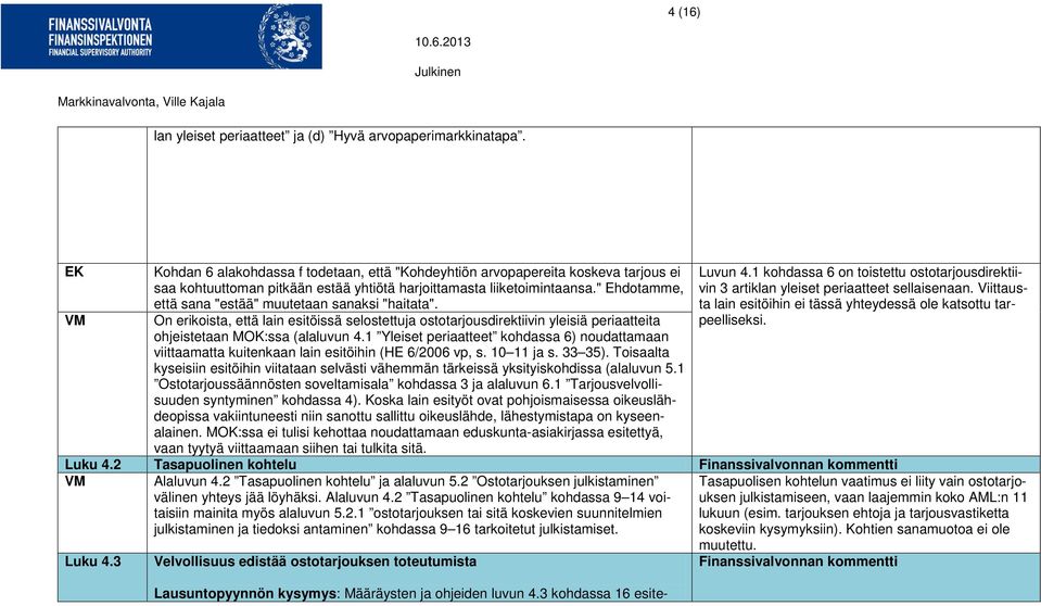 " Ehdotamme, että sana "estää" muutetaan sanaksi "haitata". On erikoista, että lain esitöissä selostettuja ostotarjousdirektiivin yleisiä periaatteita ohjeistetaan MOK:ssa (alaluvun 4.