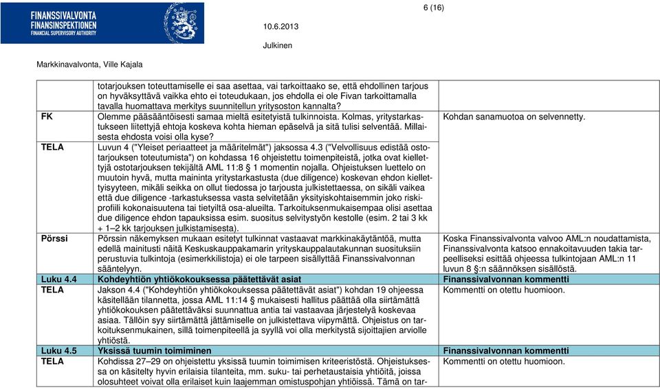 Kolmas, yritystarkastukseen liitettyjä ehtoja koskeva kohta hieman epäselvä ja sitä tulisi selventää. Millaisesta ehdosta voisi olla kyse? Luvun 4 ("Yleiset periaatteet ja määritelmät") jaksossa 4.