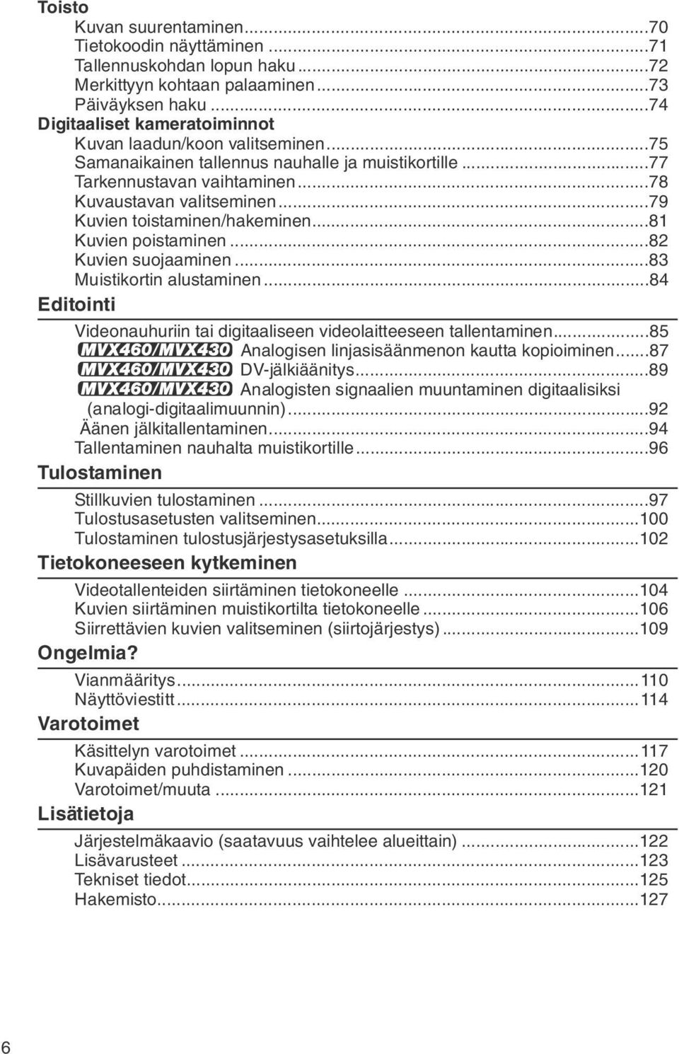 ..79 Kuvien toistaminen/hakeminen...81 Kuvien poistaminen...82 Kuvien suojaaminen...83 Muistikortin alustaminen...84 Editointi Videonauhuriin tai digitaaliseen videolaitteeseen tallentaminen.