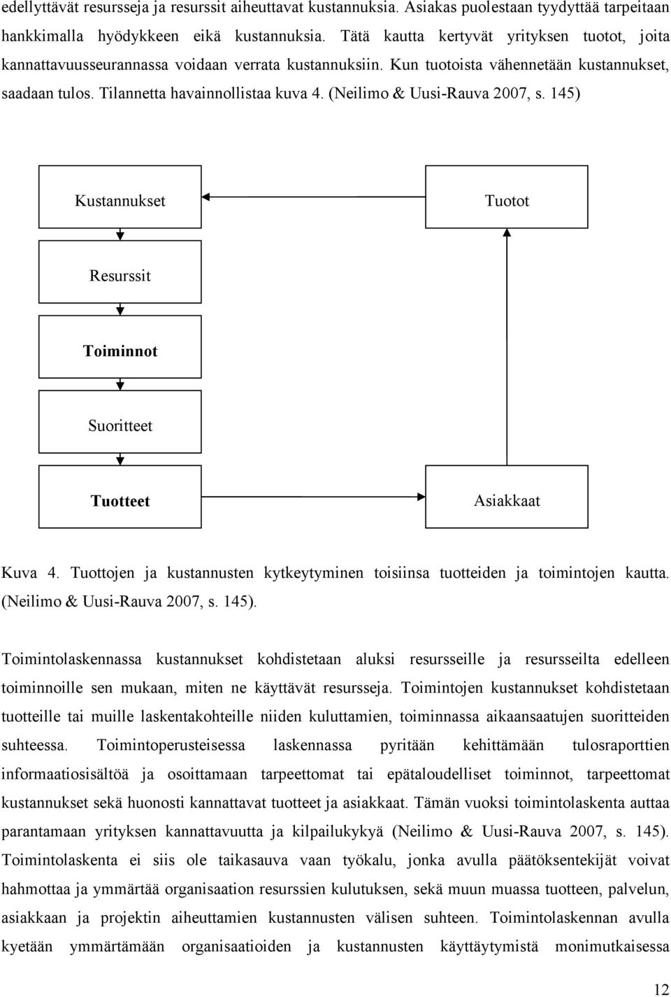 (Neilimo & Uusi-Rauva 2007, s. 145) Kustannukset Tuotot Resurssit Toiminnot Suoritteet Tuotteet Asiakkaat Kuva 4. Tuottojen ja kustannusten kytkeytyminen toisiinsa tuotteiden ja toimintojen kautta.