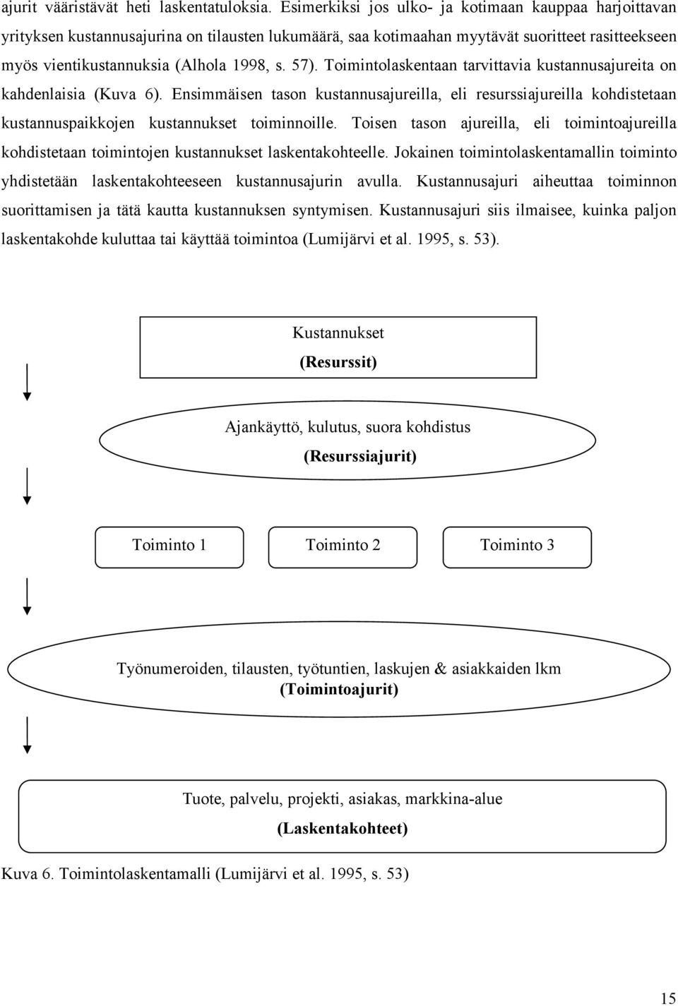 Toimintolaskentaan tarvittavia kustannusajureita on kahdenlaisia (Kuva 6). Ensimmäisen tason kustannusajureilla, eli resurssiajureilla kohdistetaan kustannuspaikkojen kustannukset toiminnoille.