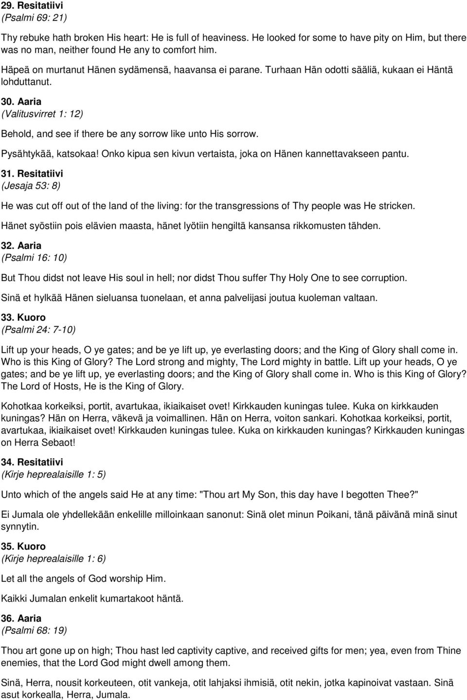 Aaria (Valitusvirret 1: 12) Behold, and see if there be any sorrow like unto His sorrow. Pysähtykää, katsokaa! Onko kipua sen kivun vertaista, joka on Hänen kannettavakseen pantu. 31.