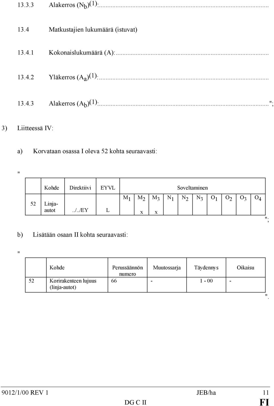 .."; 3) Liitteessä IV: a) Korvataan osassa I oleva 52 kohta seuraavasti: " Kohde Direktiivi EYVL Soveltaminen 52 Linjaautot../.