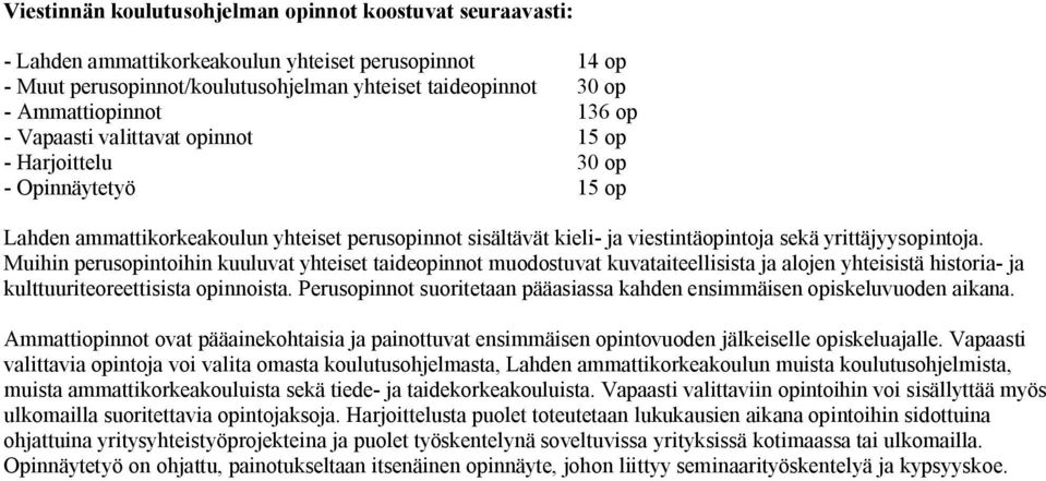 Muihin perusopintoihin kuuluvat yhteiset taideopinnot muodostuvat kuvataiteellisista ja alojen yhteisistä historia- ja kulttuuriteoreettisista opinnoista.