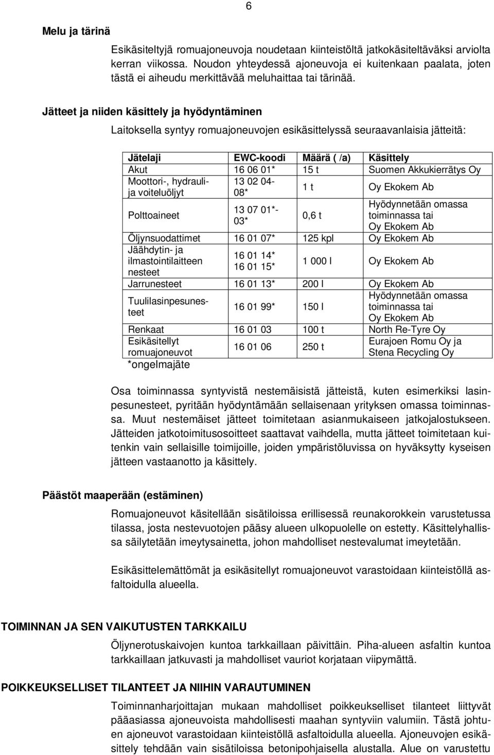 Jätteet ja niiden käsittely ja hyödyntäminen Laitoksella syntyy romuajoneuvojen esikäsittelyssä seuraavanlaisia jätteitä: Jätelaji EWC-koodi Määrä ( /a) Käsittely Akut 16 06 01* 15 t Suomen