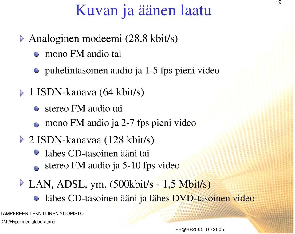 fps pieni video 2 ISDN-kanavaa (128 kbit/s) lähes CD-tasoinen ääni tai stereo FM audio ja 5-10