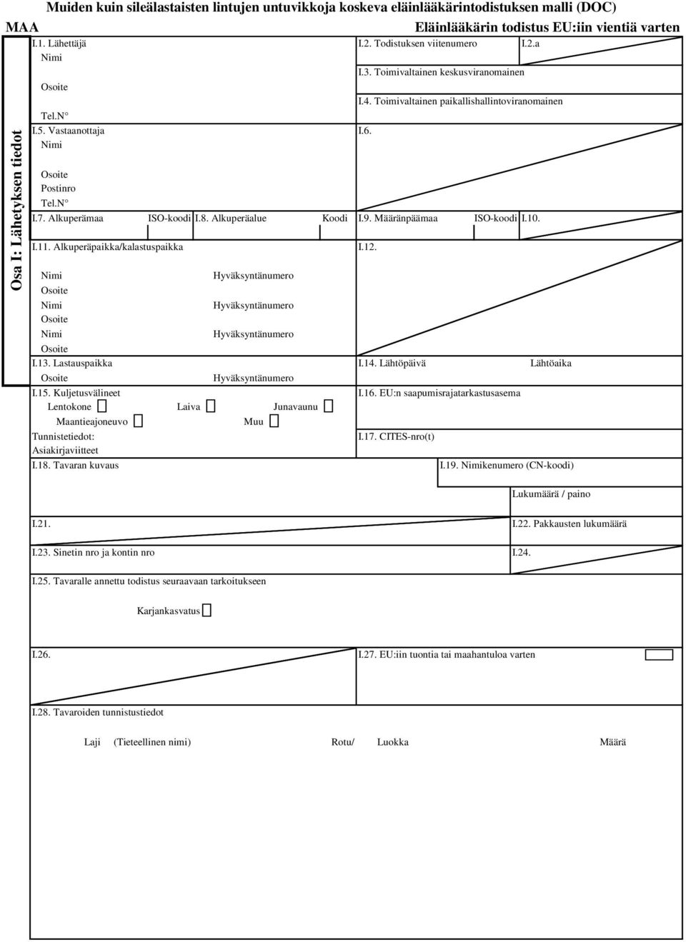 Määränpäämaa ISO-koodi I.10. I.11. Alkuperäpaikka/kalastuspaikka Nimi Hyväksyntänumero Nimi Hyväksyntänumero Nimi Hyväksyntänumero I.13. Lastauspaikka I.14. Lähtöpäivä Lähtöaika Hyväksyntänumero I.15.