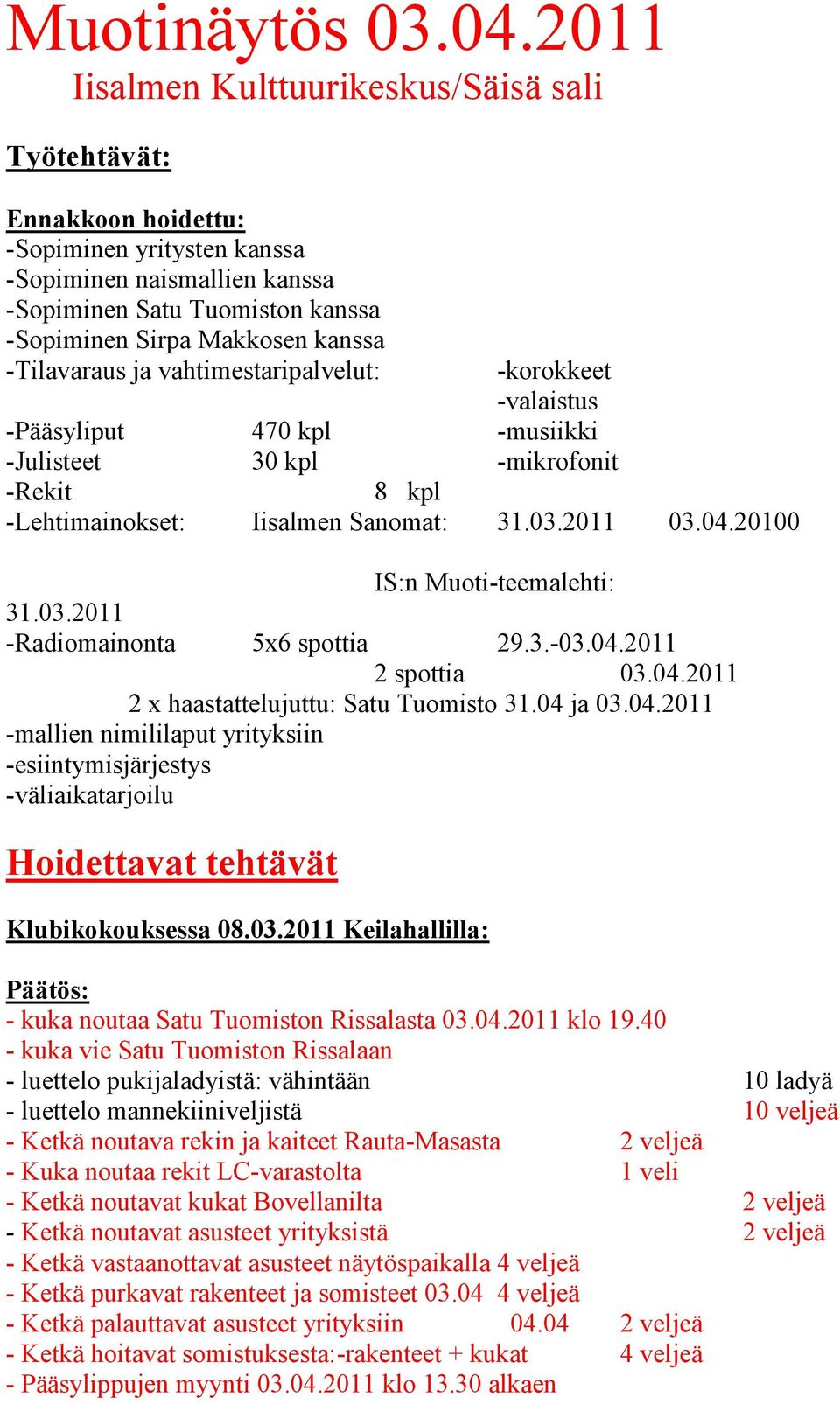 -Tilavaraus ja vahtimestaripalvelut: -korokkeet -valaistus -Pääsyliput 470 kpl -musiikki -Julisteet 30 kpl -mikrofonit -Rekit 8 kpl -Lehtimainokset: Iisalmen Sanomat: 31.03.2011 03.04.