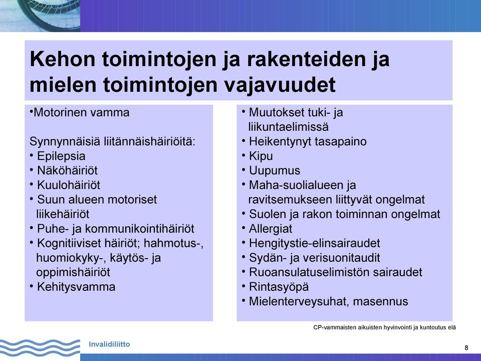 oppimishäiriöt Kehitysvamma Muutokset tuki- ja liikuntaelimissä Heikentynyt tasapaino Kipu Uupumus Maha-suolialueen ja ravitsemukseen liittyvät