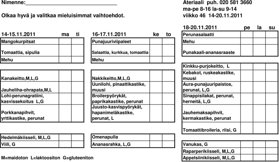 Punakaali-ananasraaste Kanakeitto,M,L,G Jauheliha-ohrapata,M,L Lohi-perunagratiini, kasvissekoitus L,G Porkkanapihvit, yrttikastike, Hedelmäkiisseli, M,L,G Nakkikeitto,M,L,G