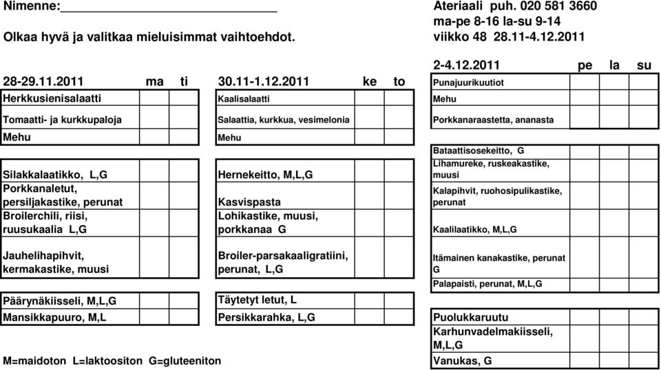 2011 ke to Punajuurikuutiot Herkkusienisalaatti Kaalisalaatti 2-4.12.
