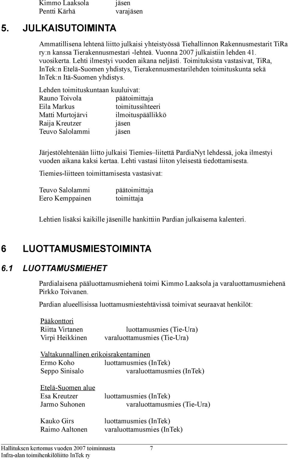 Toimituksista vastasivat, TiRa, InTek:n Etelä-Suomen yhdistys, Tierakennusmestarilehden toimituskunta sekä InTek:n Itä-Suomen yhdistys.