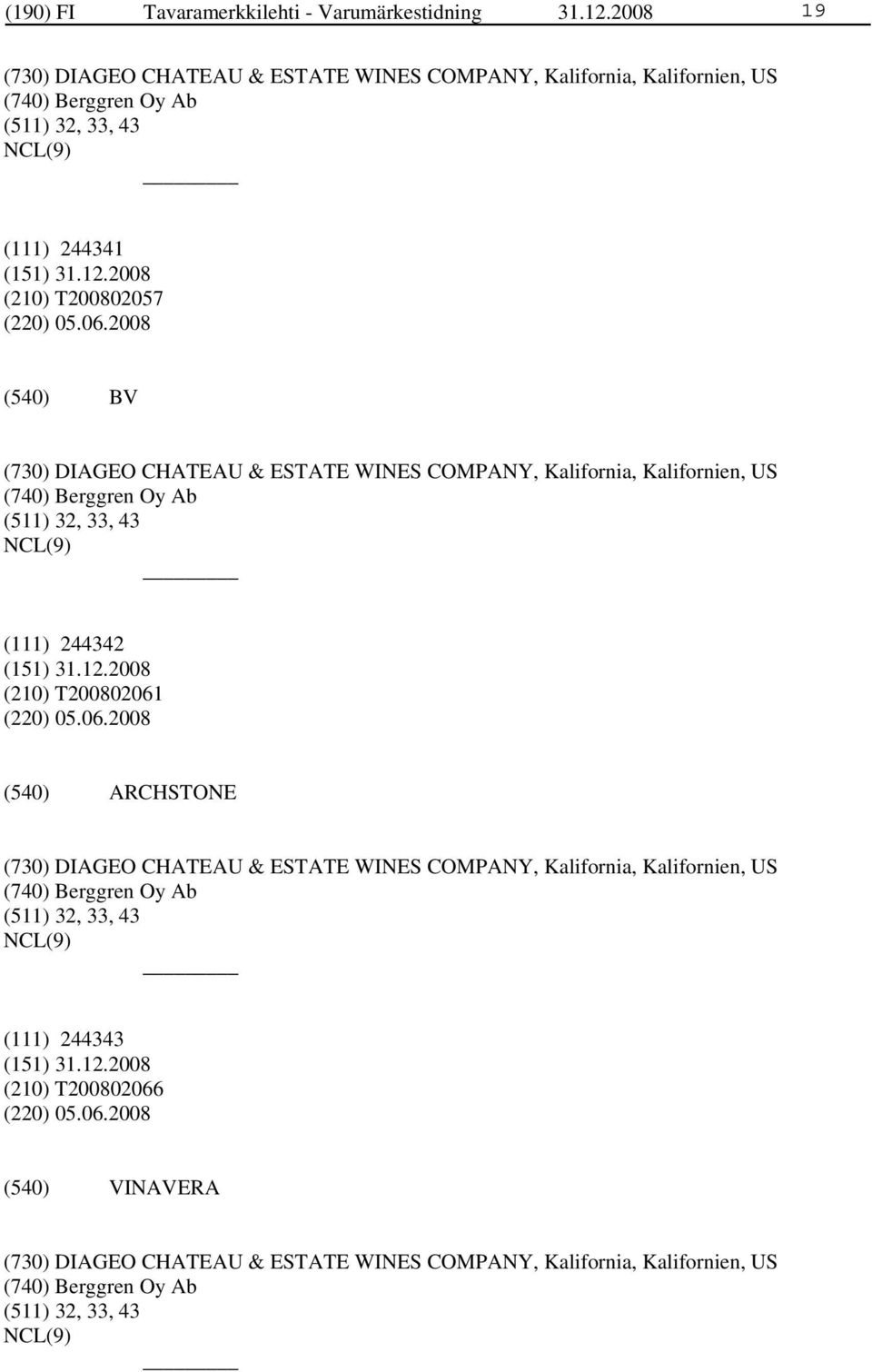 2008 BV (730) DIAGEO CHATEAU & ESTATE WINES COMPANY, Kalifornia, Kalifornien, US (740) Berggren Oy Ab (511) 32, 33, 43 (111) 244342 (210) T200802061