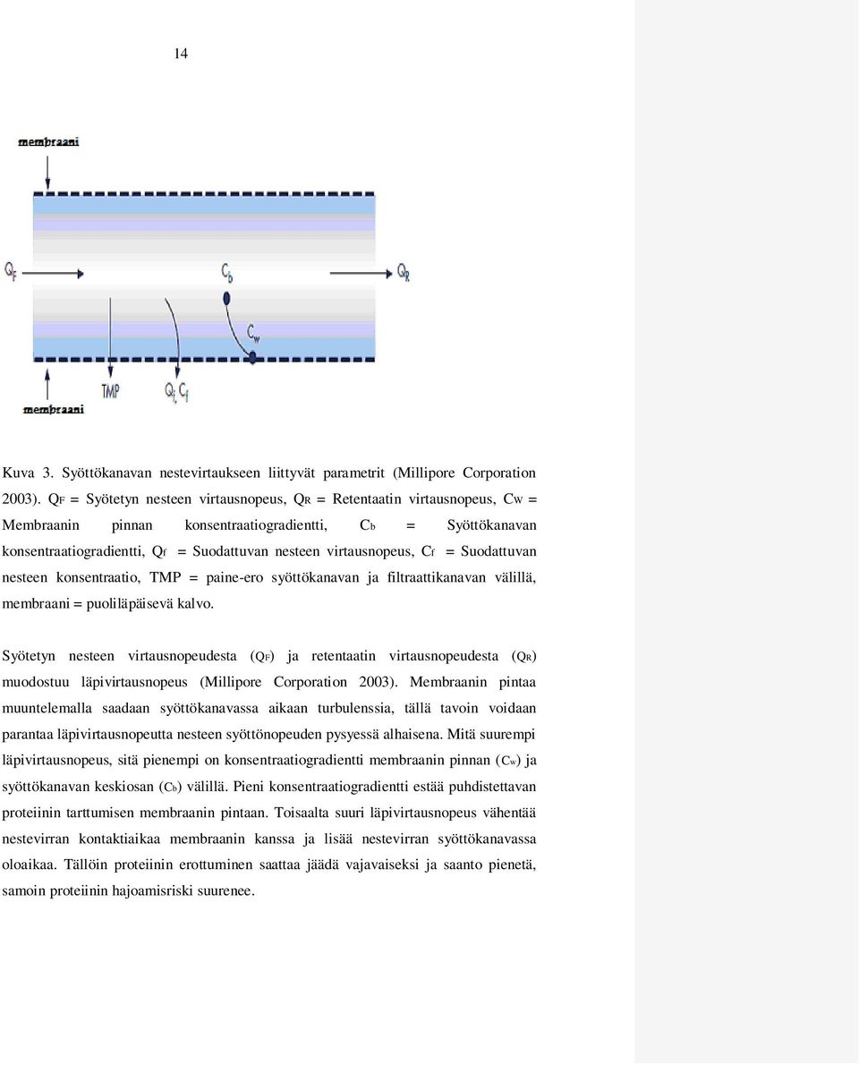 virtausnopeus, Cf = Suodattuvan nesteen konsentraatio, TMP = paine-ero syöttökanavan ja filtraattikanavan välillä, membraani = puoliläpäisevä kalvo.