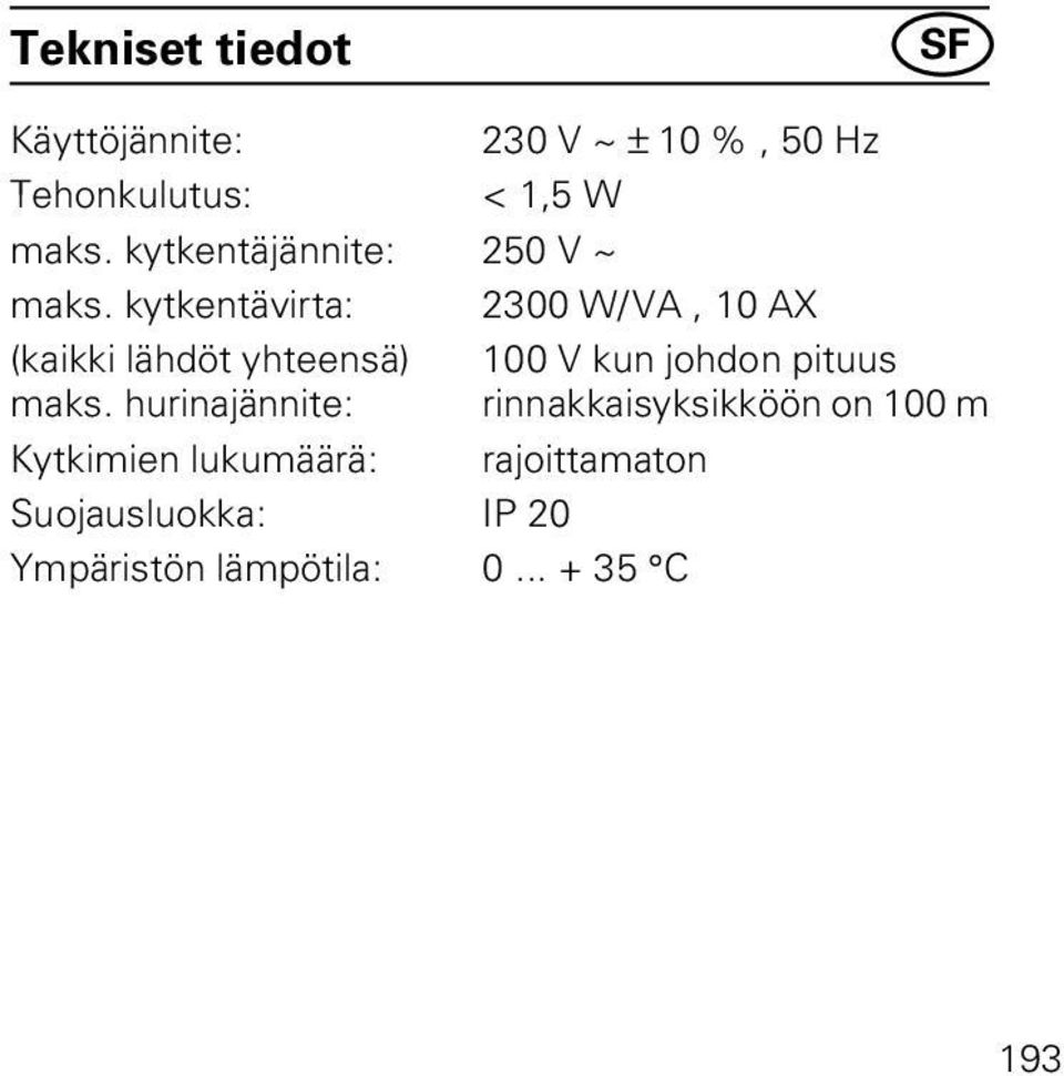 kytkentävirta: 2300 W/VA, 10 AX (kaikki lähdöt yhteensä) 100 V kun johdon pituus