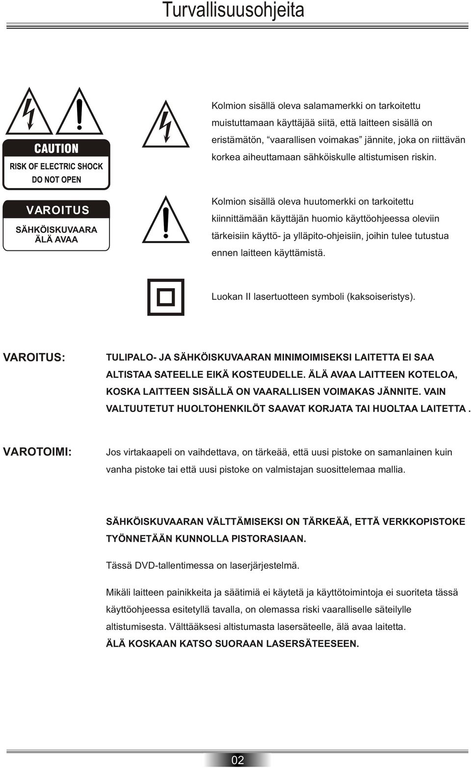 VAROITUS SÄHKÖISKUVAARA ÄLÄ AVAA Kolmion sisällä oleva huutomerkki on tarkoitettu kiinnittämään käyttäjän huomio käyttöohjeessa oleviin tärkeisiin käyttö- ja ylläpito-ohjeisiin, joihin tulee tutustua