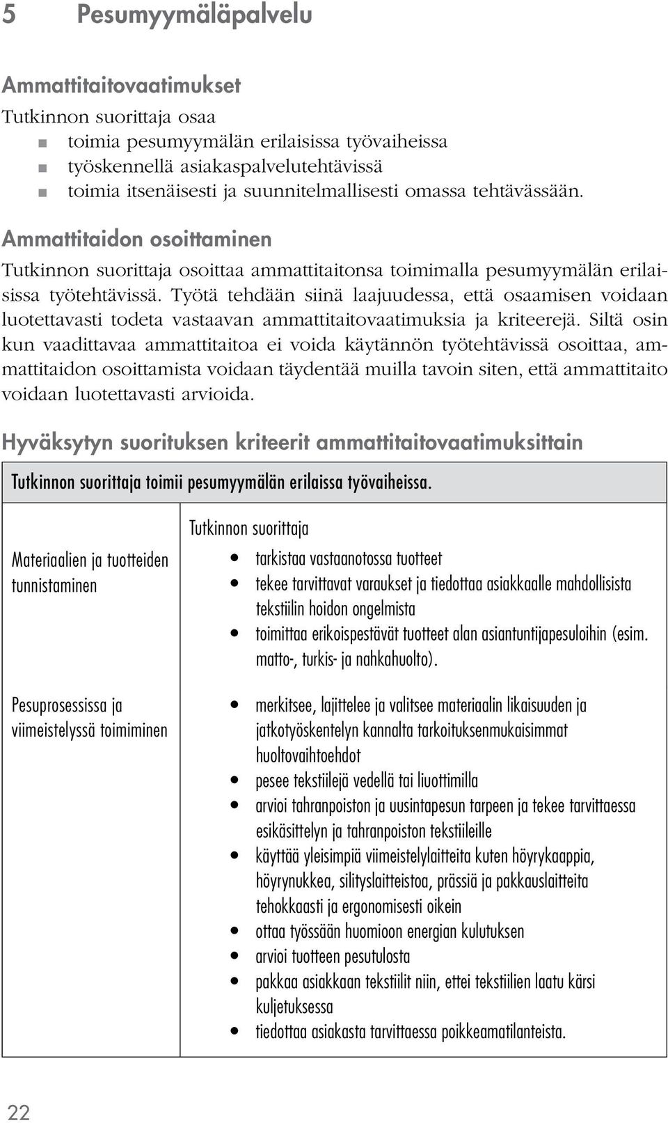 Työtä tehdään siinä laajuudessa, että osaamisen voidaan luotettavasti todeta vastaavan ammattitaitovaatimuksia ja kriteerejä.