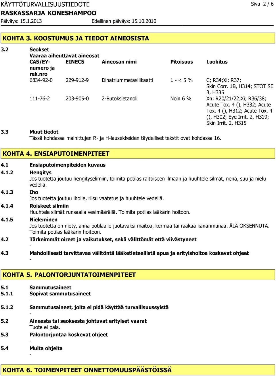 4 (), H332; Acute Tox. 4 (), H312; Acute Tox. 4 (), H302; Eye Irrit. 2, H319; Skin Irrit. 2, H315 3.3 Muut tiedot Tässä kohdassa mainittujen R ja Hlausekkeiden täydelliset tekstit ovat kohdassa 16.