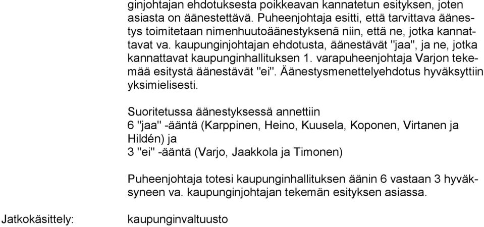 kaupunginjohtajan ehdotusta, äänestävät "jaa", ja ne, jotka kan nat ta vat kaupunginhallituksen 1. varapuheenjohtaja Varjon te kemää esitystä äänestävät "ei".