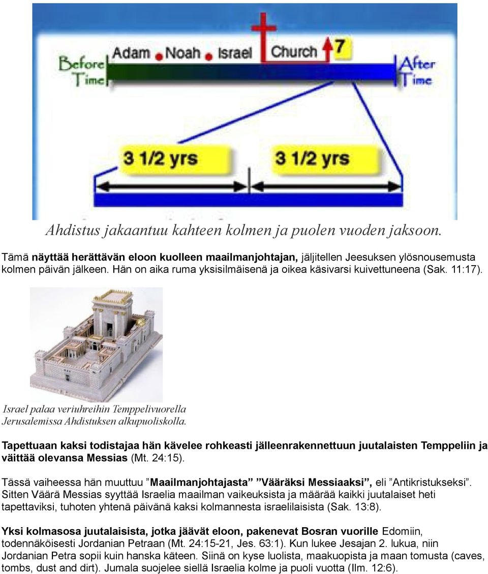 Tapettuaan kaksi todistajaa hän kävelee rohkeasti jälleenrakennettuun juutalaisten Temppeliin ja väittää olevansa Messias (Mt. 24:15).