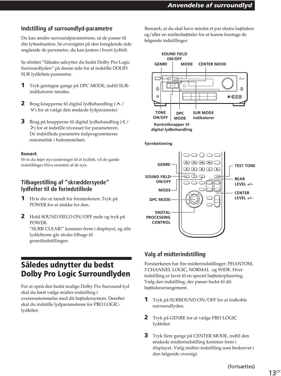 Se afnittet Således udnytter du bedst Dolby Pro ogic Surroundlyden på denne side for at indstille DOBY SU lydfeltets parametre.