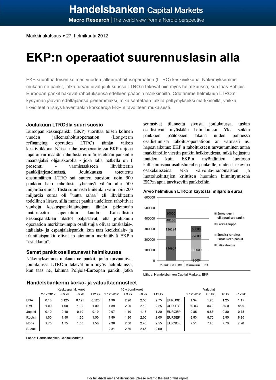 Odotamme helmikuun LTRO:n kysynnän jäävän edeltäjäänsä pienemmäksi, mikä saatetaan tulkita pettymykseksi markkinoilla, vaikka likviditeetin lisäys kaventaakin korkoeroja EKP:n tavoitteen mukaisesti.