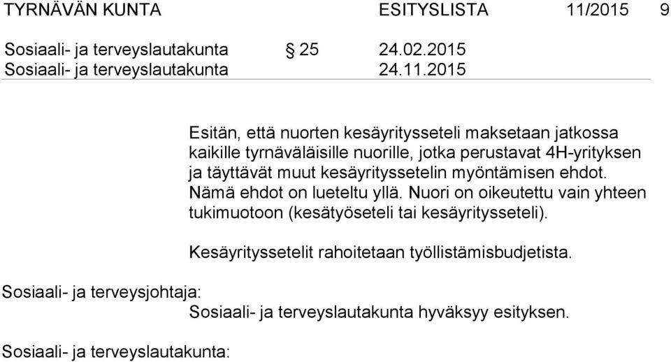 4H-yrityksen ja täyttävät muut kesäyrityssetelin myöntämisen ehdot. Nämä ehdot on lueteltu yllä.