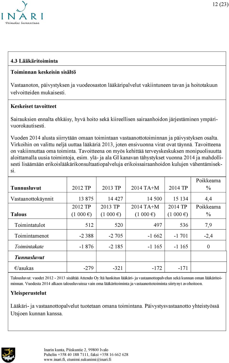 Vuoden 2014 alusta siirrytään omaan toimintaan vastaanottotoiminnan ja päivystyksen osalta. Virkoihin on valittu neljä uuttaa lääkäriä 2013, joten ensivuonna virat ovat täynnä.