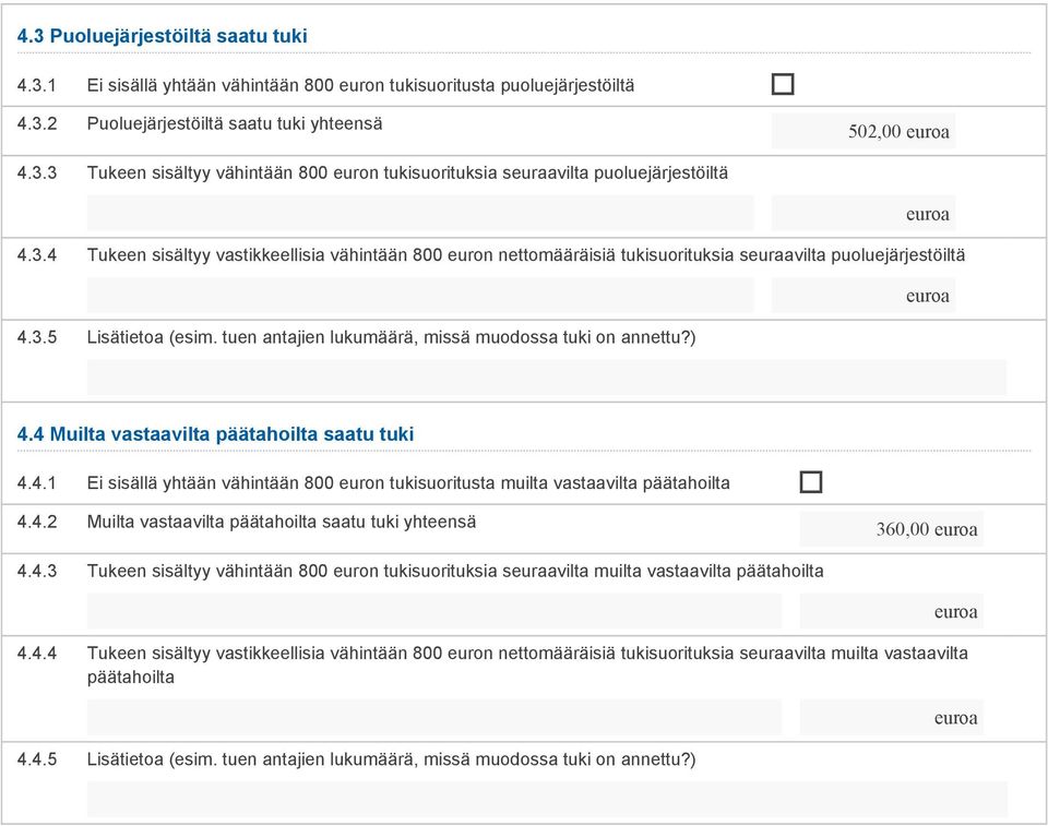 ) 4.4 Muilta vastaavilta päätahoilta saatu tuki 4.4.1 Ei sisällä yhtään vähintään 800 euron tukisuoritusta muilta vastaavilta päätahoilta 4.4.2 Muilta vastaavilta päätahoilta saatu tuki yhteensä 360,00 4.