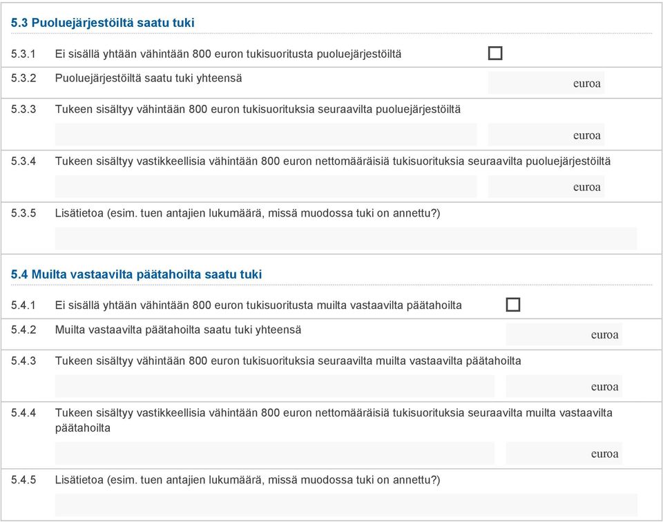 ) 5.4 Muilta vastaavilta päätahoilta saatu tuki 5.4.1 Ei sisällä yhtään vähintään 800 euron tukisuoritusta muilta vastaavilta päätahoilta 5.4.2 Muilta vastaavilta päätahoilta saatu tuki yhteensä 5.4.3 Tukeen sisältyy vähintään 800 euron tukisuorituksia seuraavilta muilta vastaavilta päätahoilta 5.