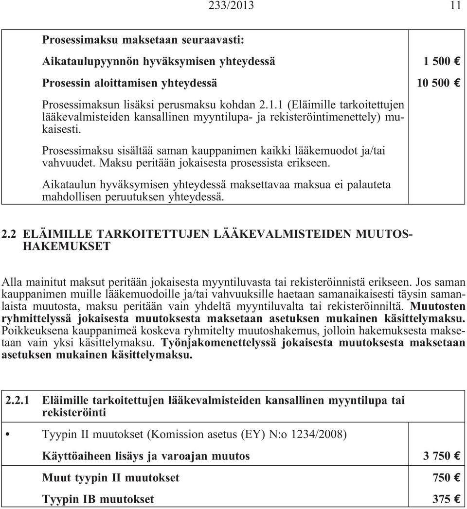 Aikataulun hyväksymisen yhteydessä maksettavaa maksua ei palauteta mahdollisen peruutuksen yhteydessä. 1 500 10 500 2.