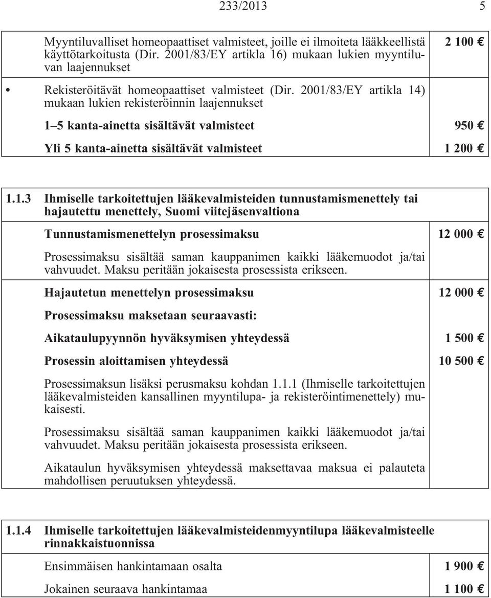 2001/83/EY artikla 14) mukaan lukien rekisteröinnin laajennukset 2 100 1 5 kanta-ainetta sisältävät valmisteet 950 Yli 5 kanta-ainetta sisältävät valmisteet 1 200 1.1.3 Ihmiselle tarkoitettujen