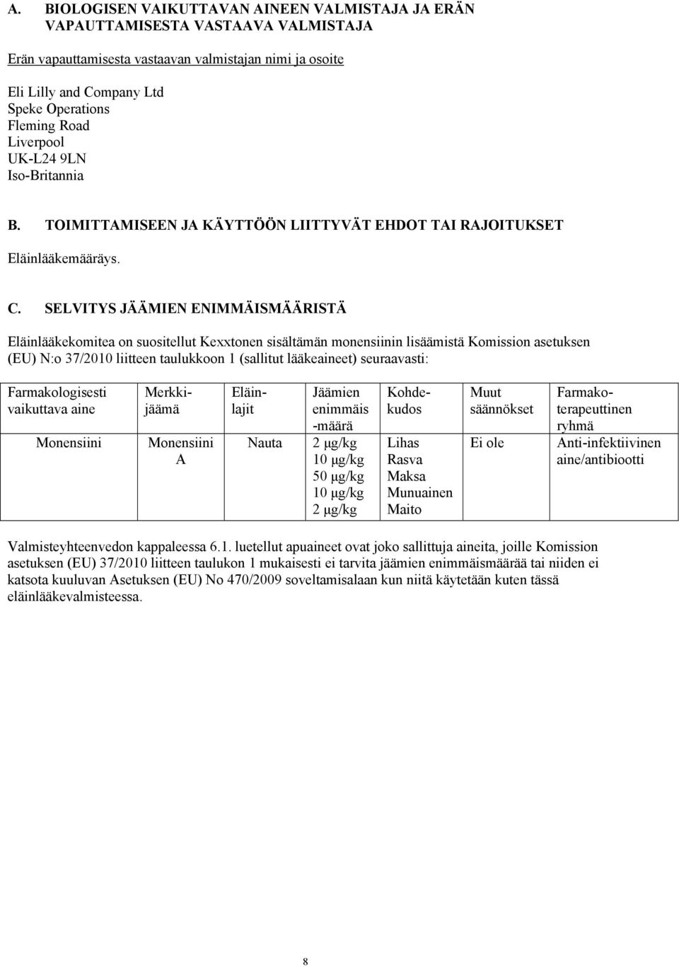 SELVITYS JÄÄMIEN ENIMMÄISMÄÄRISTÄ Eläinlääkekomitea on suositellut Kexxtonen sisältämän monensiinin lisäämistä Komission asetuksen (EU) N:o 37/2010 liitteen taulukkoon 1 (sallitut lääkeaineet)