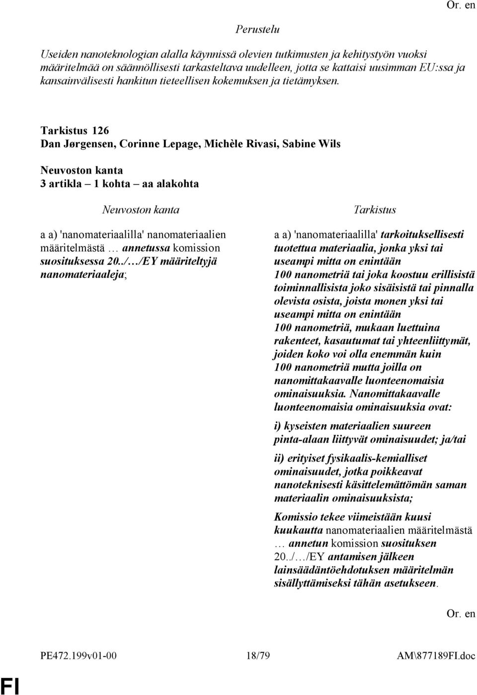 126 Dan Jørgensen, Corinne Lepage, Michèle Rivasi, Sabine Wils 3 artikla 1 kohta aa alakohta a a) 'nanomateriaalilla' nanomateriaalien määritelmästä annetussa komission suosituksessa 20.