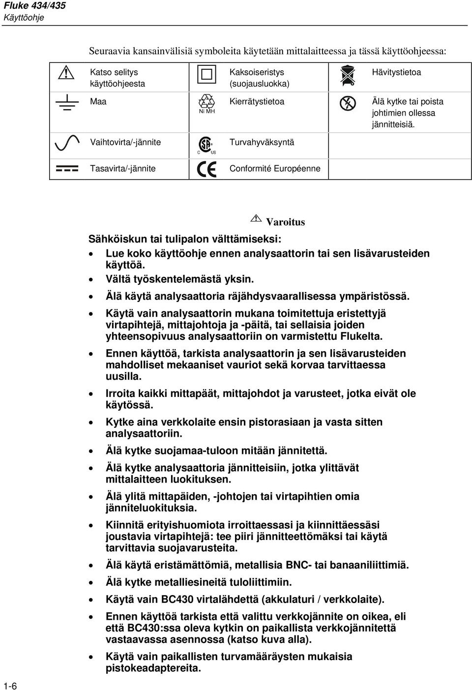 Vaihtovirta/-jännite Turvahyväksyntä Tasavirta/-jännite Conformité Européenne 1-6 Varoitus Sähköiskun tai tulipalon välttämiseksi: Lue koko käyttöohje ennen analysaattorin tai sen lisävarusteiden