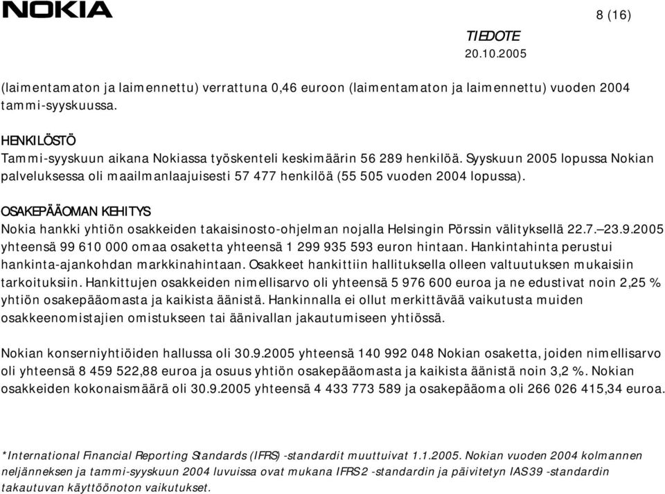 OSAKEPÄÄOMAN KEHITYS Nokia hankki yhtiön osakkeiden takaisinosto-ohjelman nojalla Helsingin Pörssin välityksellä 22.7. 23.9.2005 yhteensä 99 610 000 omaa osaketta yhteensä 1 299 935 593 euron hintaan.