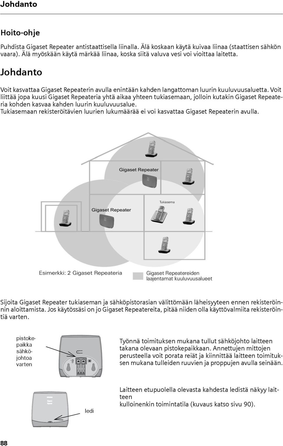 Voit liittää jopa kuusi Gigaset Repeateria yhtä aikaa yhteen tukiasemaan, jolloin kutakin Gigaset Repeateria kohden kasvaa kahden luurin kuuluvuusalue.