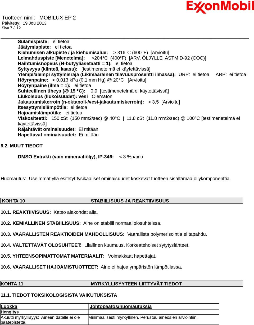 ilmassa): URP: ei tietoa ARP: ei tietoa Höyrynpaine: < 0.013 kpa (0.1 mm Hg) @ 20 C [Arvioitu] Höyrynpaine (ilma = 1): ei tietoa Suhteellinen tiheys (@ 15 C): 0.