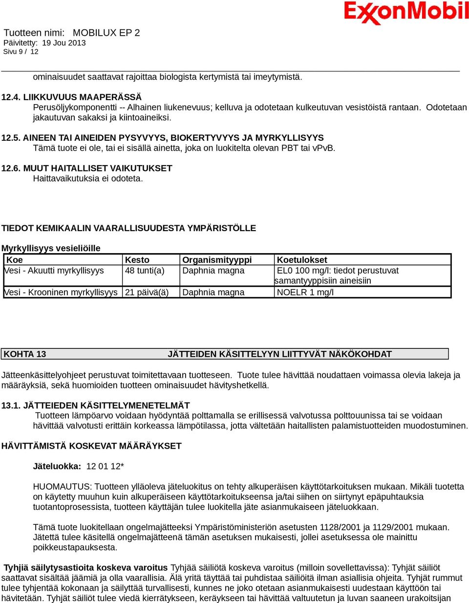 AINEEN TAI AINEIDEN PYSYVYYS, BIOKERTYVYYS JA MYRKYLLISYYS Tämä tuote ei ole, tai ei sisällä ainetta, joka on luokitelta olevan PBT tai vpvb. 12.6.